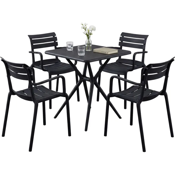Gartenmöbel-Set NORA mit 4 Stühlen - 186x186x82cm, Kunststoff, Schwarz | Balkonset Gartenset Tisch mit Stühlen Bistroset Outdoor