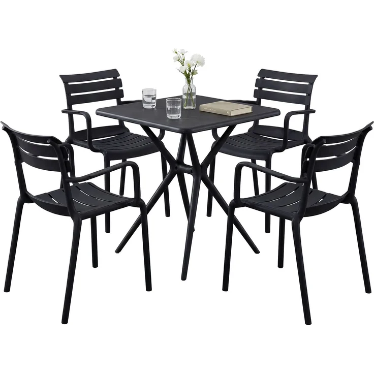 Gartenmöbel-Set NORA mit 4 Stühlen - 186x186x82cm, Kunststoff, Schwarz | Balkonset Gartenset Tisch mit Stühlen Bistroset Outdoor – Bild 1