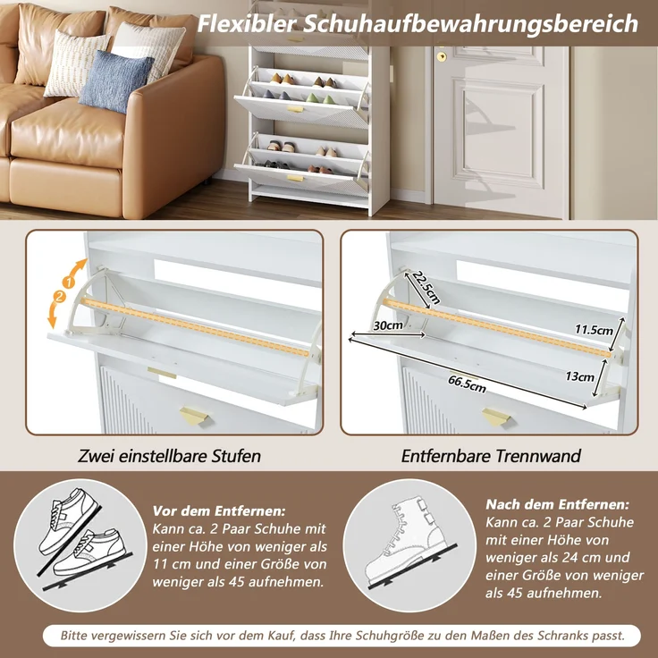Schuhschrank 70x30x120 cm Weiß 3 Klapptüren verstellbare Trennwände gold Griffe – Bild 9