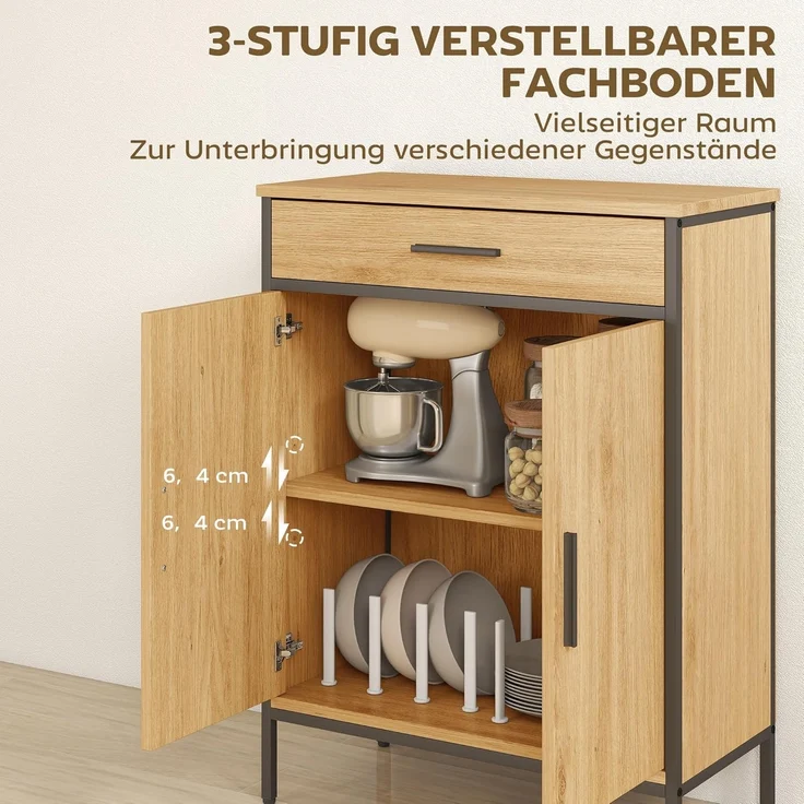 HOMCOM Badkommode zweistufige Regale, große Schublade (Badezimmer-Aufbewahrungsschrank, 1 St, Badezimmer-Unterschrank), Eiche – Bild 5