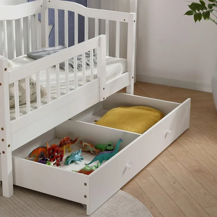 LEADZM Kinderbett mit Schubladen 70x140 / 80x160 / 90x200cm, Hausbett mit Lattenrost, Bodenbett mit Stauraum und Abnehmbarer Barriere, Weiß – Bild 4