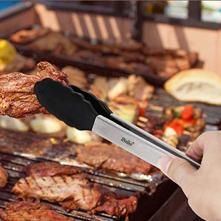 iNeibo Grillzange Küchenzange Zange Küche aus Rostfreim Edelstahl und Silikon Fleischzange Kochzange mit Hitzebeständigem Silikongriff 2er Set 30cm und 23cm Schwarz – Bild 9