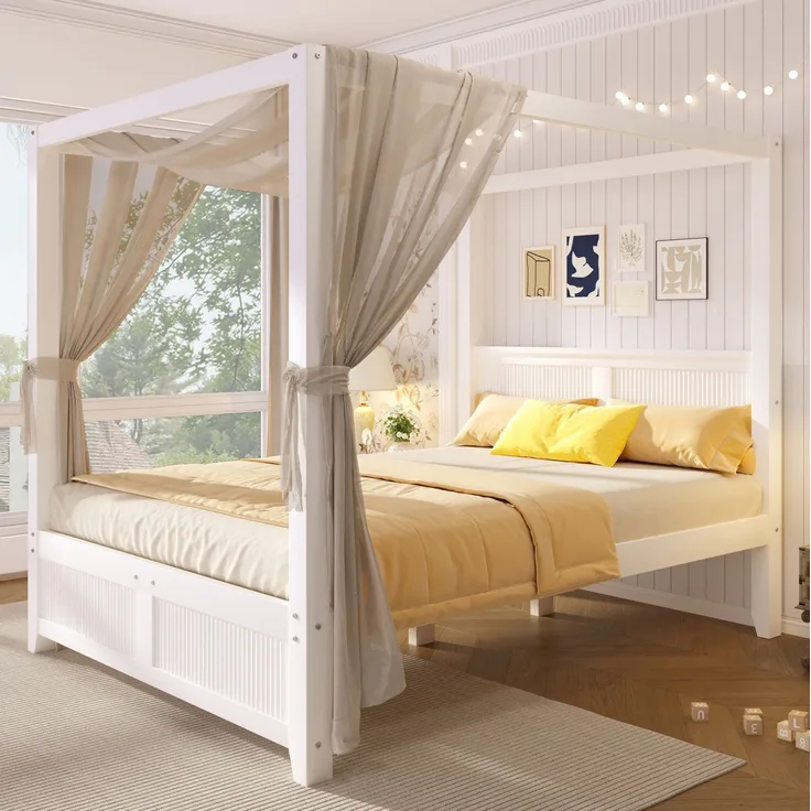 CHICFURN Bett aus Kiefernholz und MDF Weiß 140x200 cm mit Himmelrahmen und Lamellen