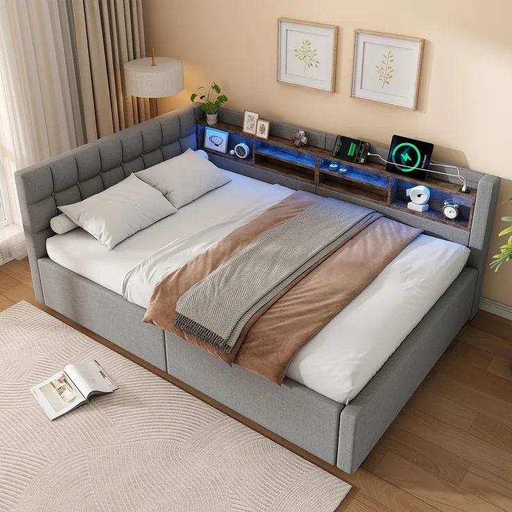 Daybett, Tagesbett, Schlafsofa,140x200 cm, Ohne Matratze, Hydraulische Lagerung, mit dimmbarer LED-Leiste, mit praktischem Regal, mit USB-Anschluss,Grau