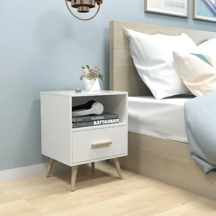 Mondeer Nachttisch, Nachtschrank mit 1 Schublade und 1 Offenem Fach, Holz Modern Nachtkommode mit Massivholzfüßen, Beistelltisch für Schlafzimmer Wohnzimmer, 40 x 30 x 51 cm, Weiß – Bild 2