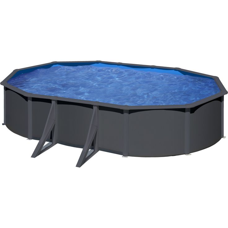GRE Stahlwandpool-Set 'Anthracite' oval 610 × 375 × 120 cm, Sandfilteranlage 4 m³/h, Edelstahl-Sicherheitsleiter, blaue PVC-Auskleidung mit UV-Schutz