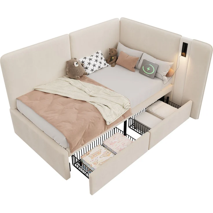Merax Einzelbett, Kinderbett, Polsterbett, 90x200 cm Daybett, mit 2 Schubladen Aufladen Leselampe, Samt, beige – Bild 10