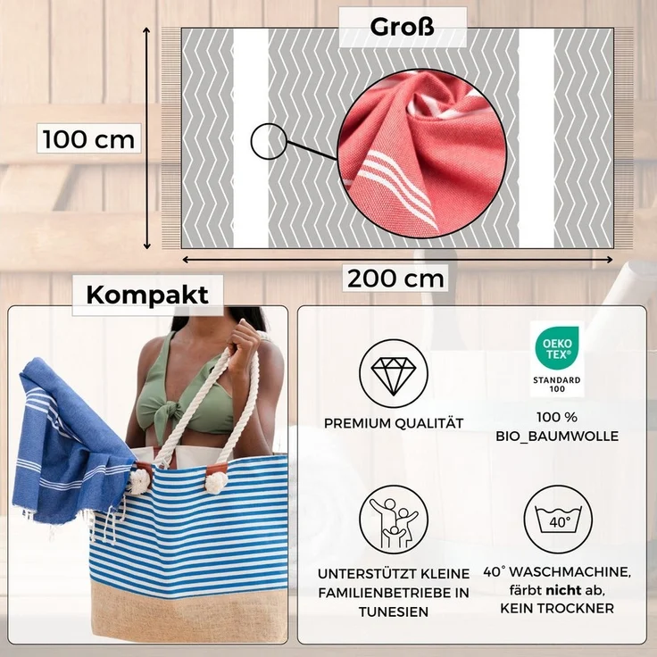 furora HOLIDAY Saunatuch Strandtuch Hamamtuch: groß 100x200 cm Saunatuch, Strandhandtuch dünn – Bild 2
