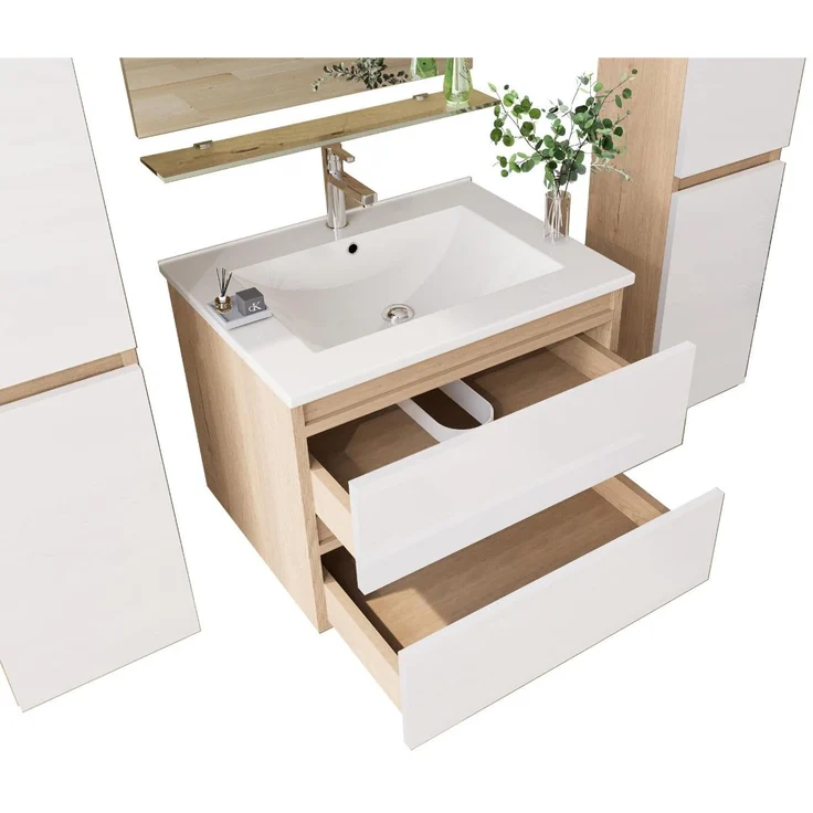 Homeline Badmöbel Set Hochglanz 5 TLG Eiche/Weis Soft Close Badezimmer Möbel badmöbel (5) – Bild 3