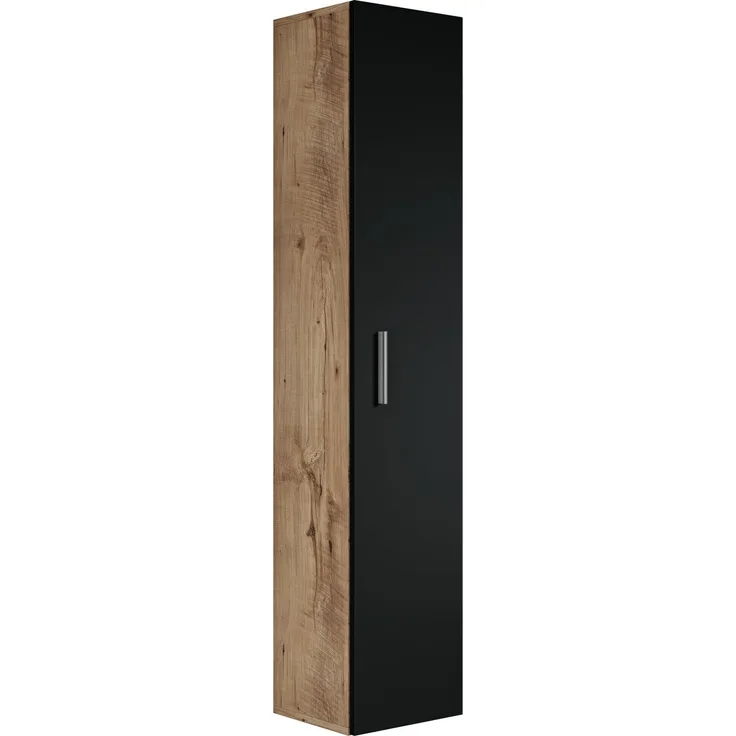 Badplaats Badezimmerschrank Pluto 30 x 30 x 150 cm Kastanien Eiche mitt Schwarz Matt - Hoch Badschrank mit 1 Tür