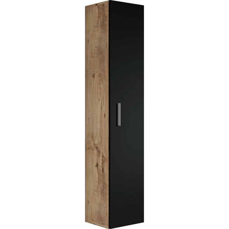 Badplaats Badezimmerschrank Pluto 30 x 30 x 150 cm Kastanien Eiche mitt Schwarz Matt - Hoch Badschrank mit 1 Tür – Bild 1