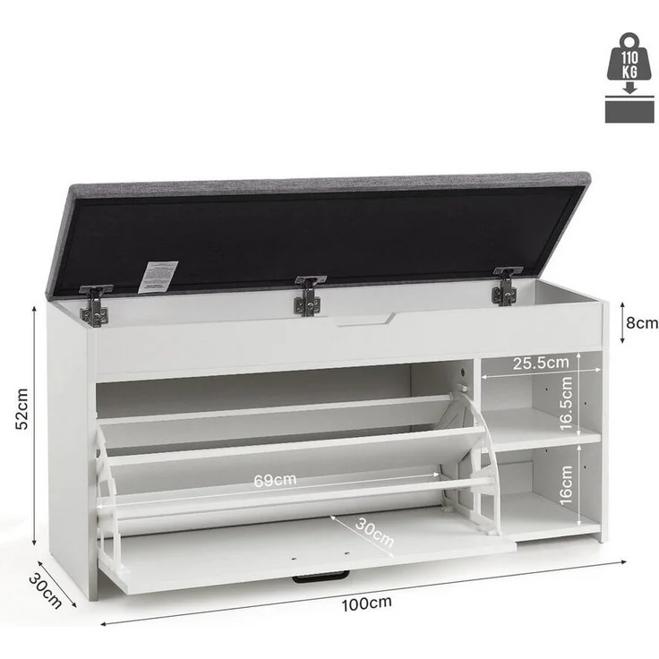 Mondeer Schuhbank Schuhhocker, mit Sitzfläche, mit Klappschublade, 100 x 30 x 52 cm, Weiß + Grau – Bild 2