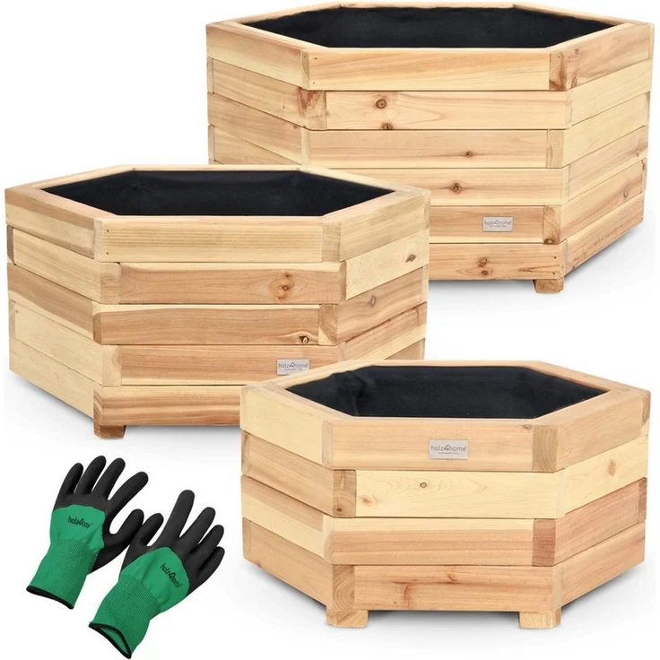 holz4home® Pflanzkübel 6-eckig aus Tannenholz I Outdoor Blumenkübel für Garten Balkon, inkl. Gartenhandschuhe & Vlies – Bild 1
