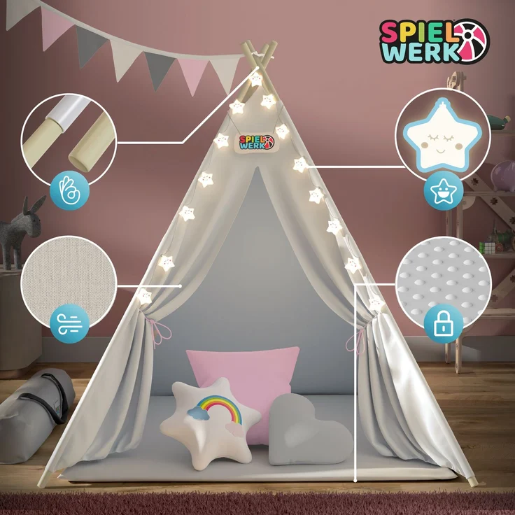 Spielwerk Kindertipi mit Lichterkette, Bodenmatte & Kissen, Baumwolle beige, 120 x 120 x 160 cm – Bild 5