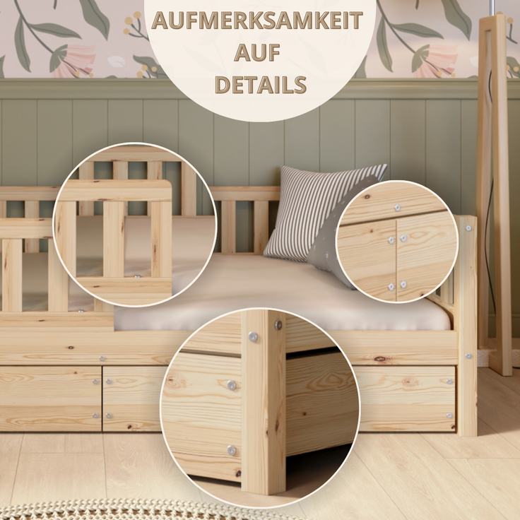 Crazy Pine 'Crazy Basic' Kinderbett mit Rausfallschutz, Skandinavisches Design, Holz, Natur, 80x160 cm, mit Schublade – Bild 9