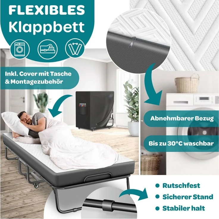 KESSER® Gästebett 90x200 cm inkl. Matratze aus Memory-Schaum & Rollen, faltbares Reisebett mit Metallrahmen belastbar bis 250 kg, Metallbett mit Schaumstoffmatratze & Cover Anthrazit / Weiß, Premium Komfort – Bild 2