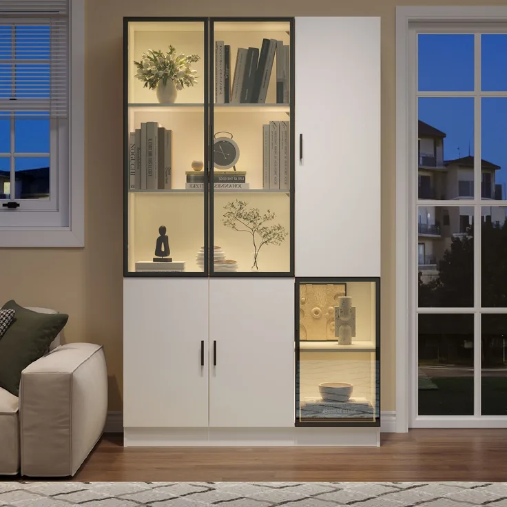 N625P3142394041W,Glasvitrine Glasschrank Tür 200cm hoch Vitrinenschrank mit LED Lichtern,MultiStorage Bücherregal für Sammlung Schlafzimmer Wohnzimmer Büro,Schrank mit Glastür mit Aluminiumrahmen