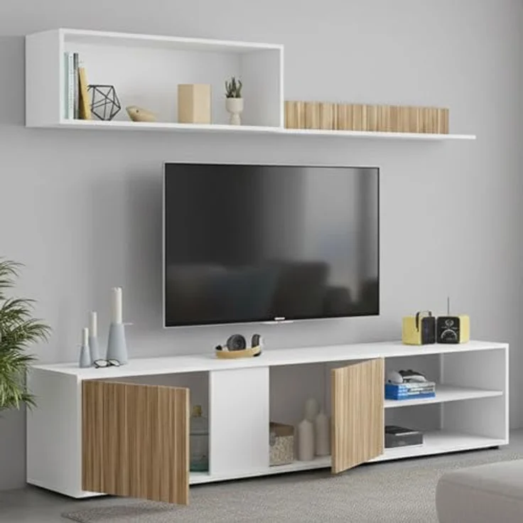 Dmora - Wohnzimmermöbel Titusville, TV-Ständer, Wohnzimmermöbel, Zusammensetzung des Wohnzimmersets, Wohnzimmerset mit Schrankwand, 180 x 33 x 40 cm, Weiß und Eiche – Bild 2