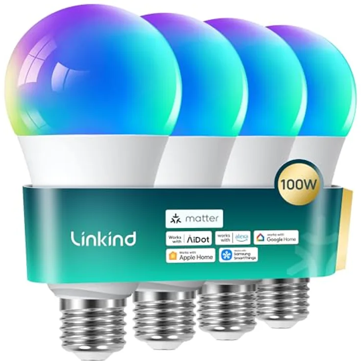 Linkind Matter smart glühbirne E27, 1600lm smart homekit lampe (104 Szenen) 14W ersetzt 100W WLAN LED Lampe RGBTW 2,4-GHz kompatibel Apple HomeKit/Alexa/Siri/Google/SmartThings, 4 Stück