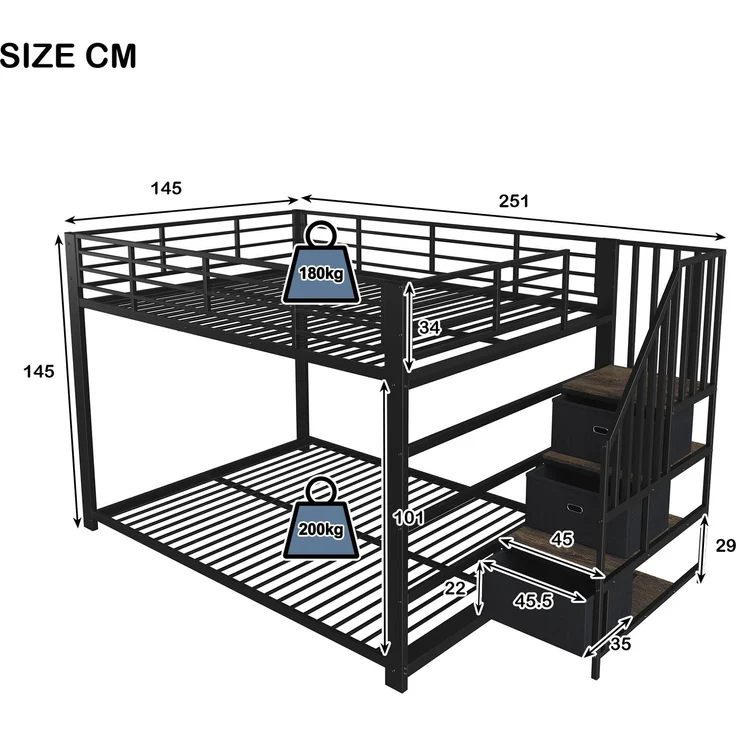Rayofly-Metall Etagenbett H200cm x T140cm x B140cm, für Erwachsene, Treppe, Stauraum, LED-Lichtband, Steckdose, Treppe links/rechts montierbar, Schwarz – Bild 5