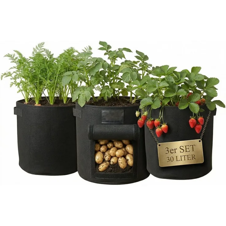 Onbest Pflanzkübel Pflanzsack aus Vliesstoff 30 l, Ø 34 cm, 35 cm hoch, mit Griffen (3 St), Ø 34 cm, 35 cm Höhe, 420 g/m² Vliesstoff, Griffe