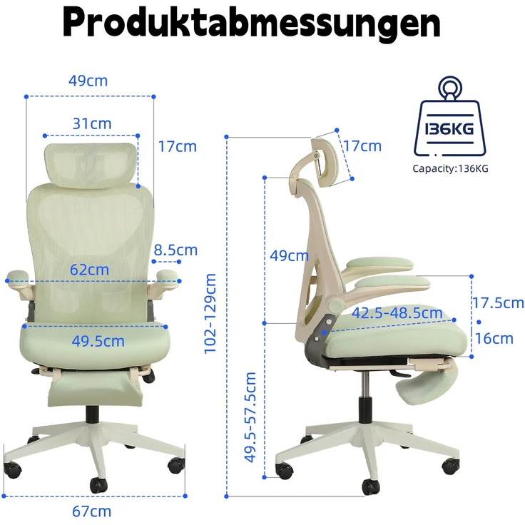 Faumrta Klappbarer ergonomischer Bürostuhl, kleiner Raumklappstuhl mit Taillenstütze, Schwammsitzkissen, klappbare Armlehnen, 3D-Kopfstützen und Bürostuhl mit Arbeitspedalen,greenFoam62cm*48.5cm*129cmGrün – Bild 5