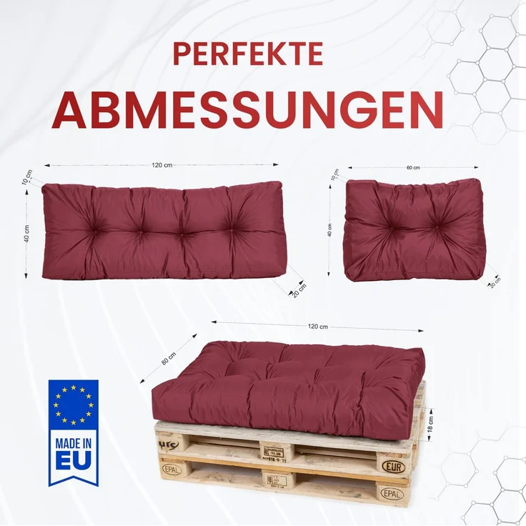 TexDeko® Garden Seitenkissen 60 x 40 x 20/10cm wasserabweisend UV - beständig gesteppt Premium Kissen für Europaletten In- & Outdoor Palettenpolster (Bordeaux) – Bild 2