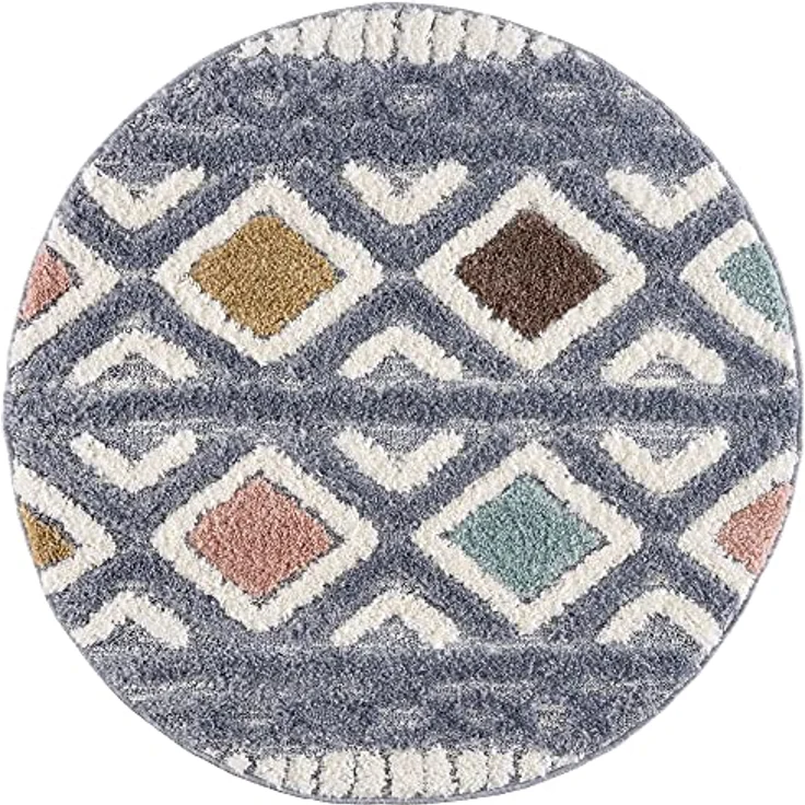 Teppich Rund - Hochflor - Boho - Pastell Multi - 120x120cm - Einfarbig - Modern Raute Ornamente - Skandinavisch Flauschig Weich - Wohnteppich Schlafzimmer Dekoration – Bild 7