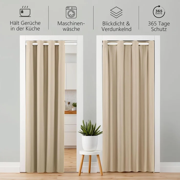 tinycurtains Türvorhang mit Stange weiß 55-90 cm ohne Bohren, Thermo Vorhang Tür, Ösen, abdunkelnd, Polyester, beige Driftwood, Türgardine mit Klemmstange Raumtrenner verdunkelnd – Bild 3