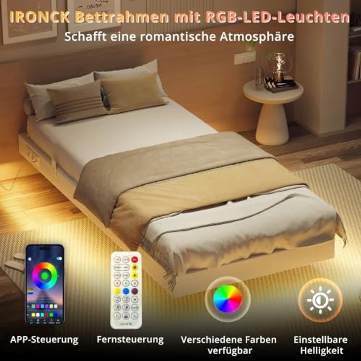 IRONCK Bettgestell 90x200 cm, Schwebender Bett mit LED Beleuchtung, Gepolsterte Seitenwände, 2 AC-Steckdosen, 2 USB-A-Anschluss, 1 USB-C-Anschluss, Metallbett mit Lattenrost Einzelbett, Weiß – Bild 3