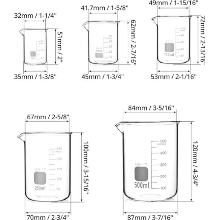 QWORK® Glas Becherglas 25ml 50ml 100ml 250ml 500ml, 5er Set Abgestufter Messbecher für Labor Küche – Bild 6