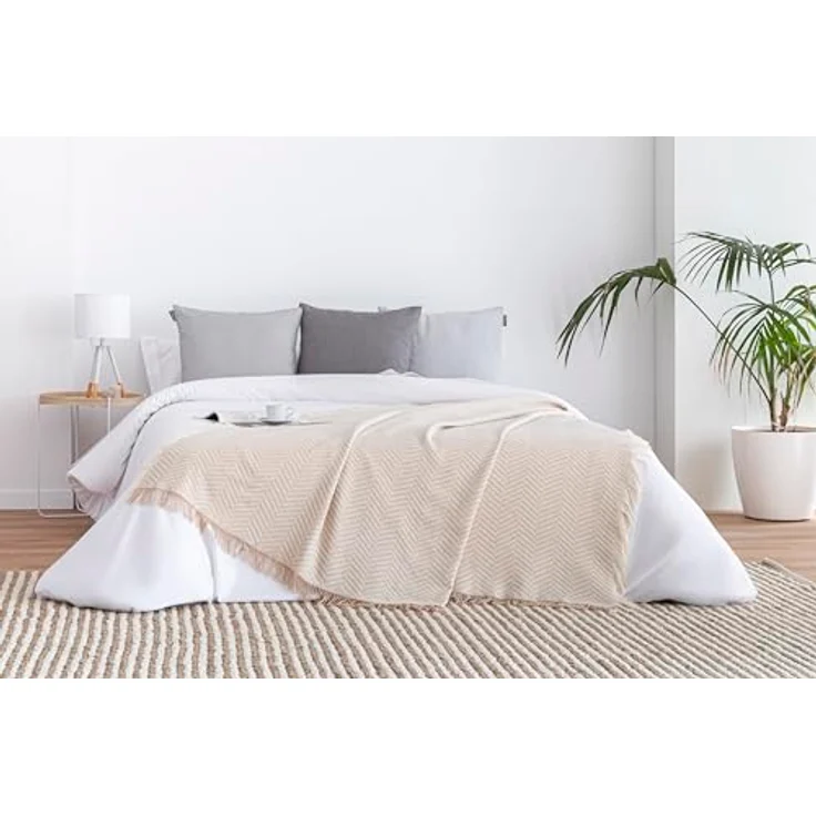 Todocama Mehrzweck-Tagesdecke, Tagesdecke, Überwurf für Bett, Sofaüberwurf, Jarapas, Fischgrätenmuster (230x260 cm, Sandbeige). – Bild 8