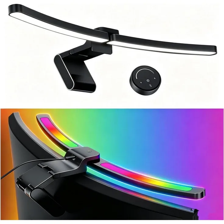 Insma LED Schreibtischlampe RGB gebogene Monitorleiste 10W Doppel‑Lichtquelle Monitor Lampe 66cm, blendfreie asymmetrische USB LED Bildschirmlampe mit Fernbedienung