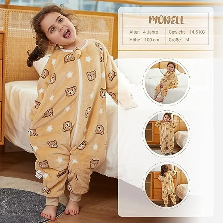 XQ&XG Baby Schlafsack mit Füßen 2.0 Tog,Babyschlafsack mit langen Ärmeln,Schlafsack Kinder mit Beinen für mädchen und Junge,Braun Bär,110 – Bild 8