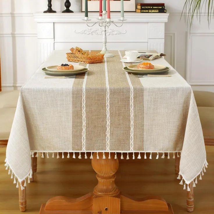 Laolitou Rustikale Tischdecke, Baumwollleinen, wasserdicht, Jute-Tischdecken für Küche, Esszimmer, Tischdecke für rechteckige Tische, Kaffee-Linien, rechteckig, 140x178 cm, 4–6 Sitze