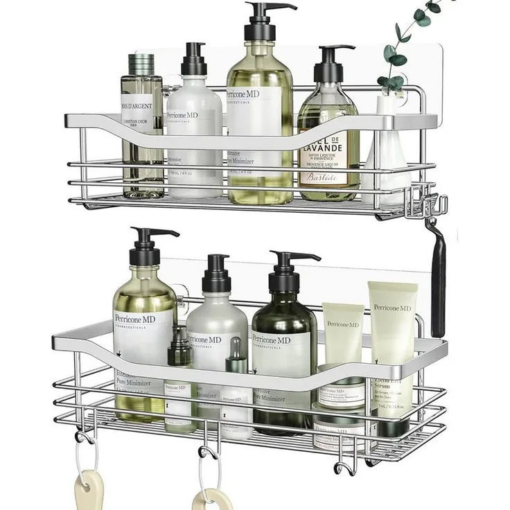 SURFOU Duschregal Duschablage Set ohne Bohren, Edelstahl Regal für Bad und Küche, Duschablage ohne Bohren 2 Stück set, mit 5 haken, zur Aufbewahrung von Shampoo, Duschgel, Handtüchern, Toilettenartikeln und Reinigungsmitteln, Rostfreier Wand-Duschregal