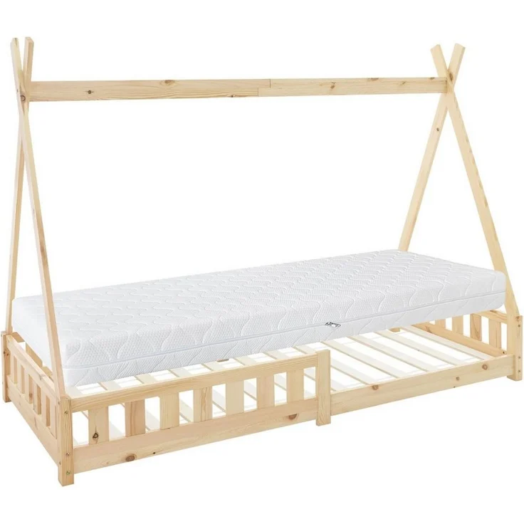 ML-DESIGN Spielbett Hausbett Tipi Zeltbett inkl. Lattenrost Bodenbett Kinder Himmelbett, Abenteuerbett mit Rausfallschutz Zelt Kinderbett Kiefer Natur – Bild 1