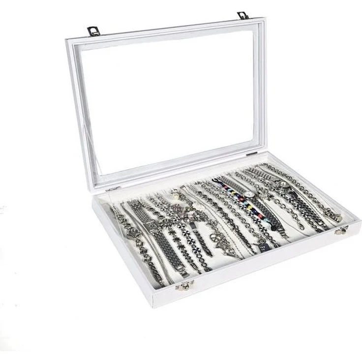 Yudu Schmuckkasten Schmucklade Schmuckkasten Schaukasten mit Glasdeckel Weiss – Bild 4