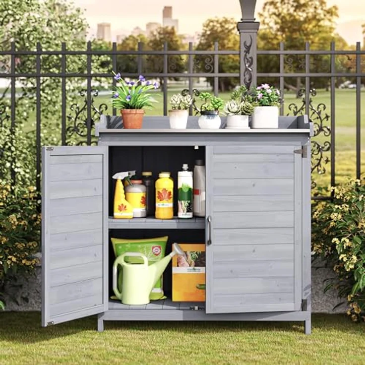 Bealife Pflanztisch mit Unterschrank, Gartenschrank mit Arbeitsplatte mit 1 Bewegbarer Einlegeboden für den Innen- und Außenbereich (Grau, 48T x 98B x 95H) – Bild 9