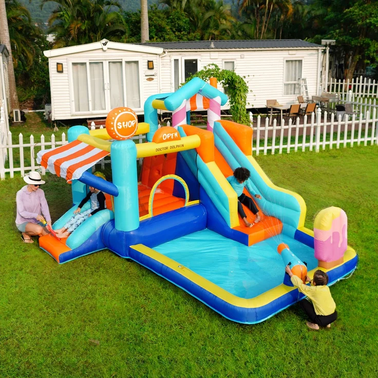 LVHOM Aufblasbare Hüpfburg mit Gebläse, Spielpool, Trocken-/Wasserrutsche, Springburg Outdoor, Wasserpark mit Trampolin, Planschbecken, 340 x 395 x 236cm – Bild 10