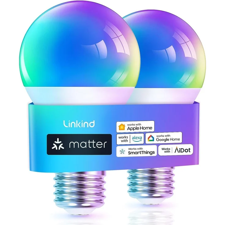 Linkind Matter Smart RGBTW Glühbirne, E27 Lampe Alexa, 45 Szenen & Musiksync, 16 Mio. Farben, Matter über 2.4GHz WiFi, A60 LED Birne kompatibel mit Apple Home/Siri/SmartThings/Google Home, 2 Stück