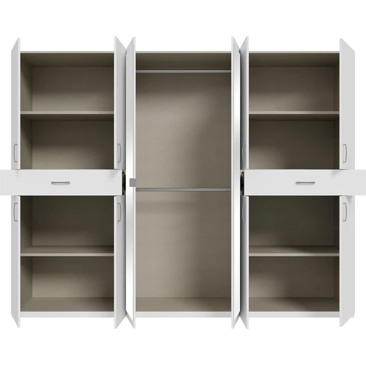 Forte Serenade Kleiderschrank 270, moderner Drehtürenschrank, 10-türig, 2 Schubladen, Kleiderstangen, Einlegeböden, Spiegel, Holzwerkstoff, Weiß, 269,7 cm breit x 210,5 cm hoch x 54 cm tief – Bild 5