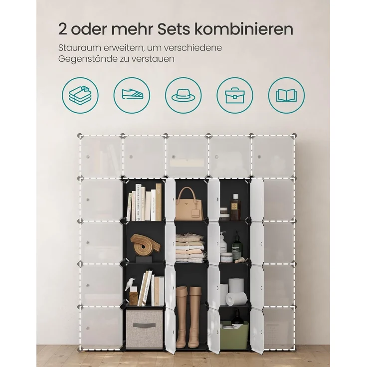 Songmics Regalsystem, Schuhregal, Set aus 16 Würfeln, Kleiderschrank aus Kunststoff, mit Türen, Steckregal, Aufbewahrung von Kleidung, Schuhen und Büchern, einfache Montage, schwarz LPC44HS – Bild 5