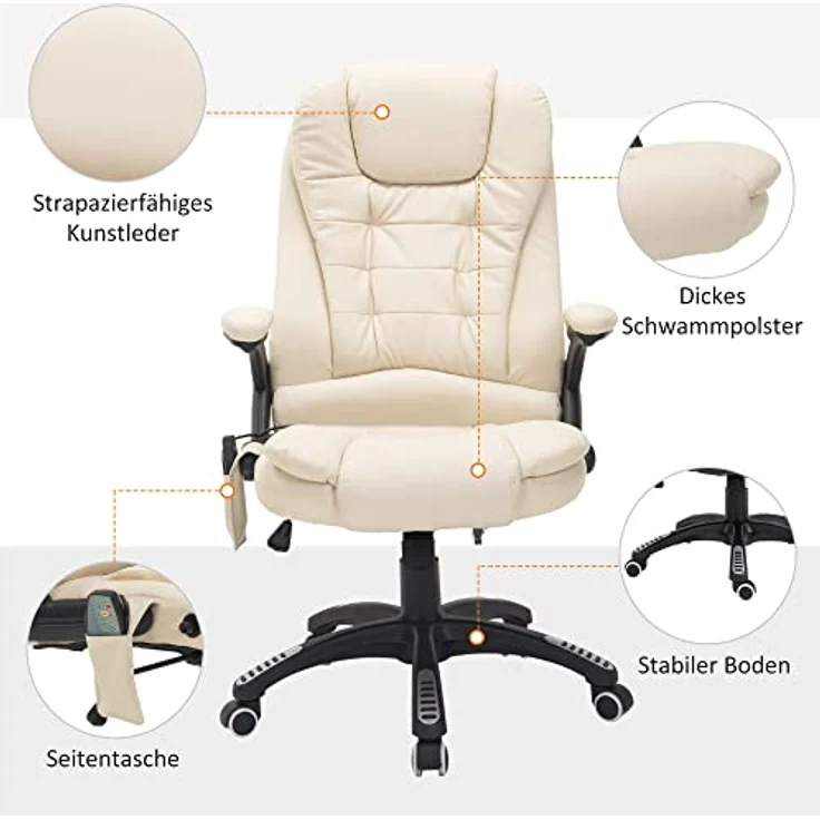 HOMCOM Schreibtischstuhl Bürostuhl mit Massagefunktion, mit Wärmefunktion, Chefsessel (Massagesessel, 1 St), für Wohnbereich, Cremeweiß – Bild 9