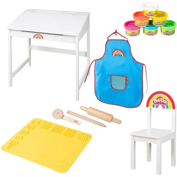 roba x Play-Doh Schulpult - FSC-Holzwerkzeuge, 3D-Kreativmatte, 6 Knetdosen, Schürze & Stuhl - Kreatives Mal-, Bastel- und Spielpult - Für Kinder ab ab 3 Jahren – Bild 1
