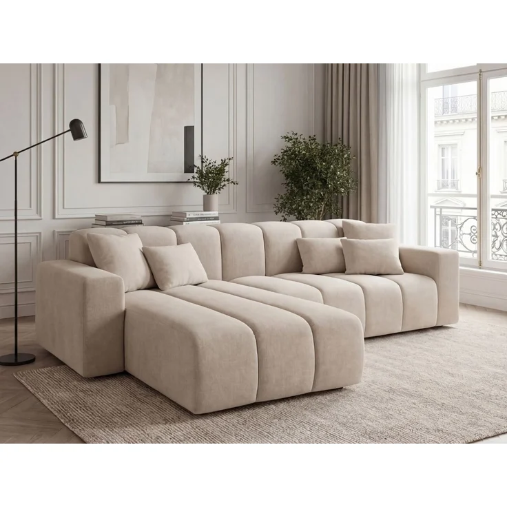 GRAINGOLD Ecksofa L-Form Nork, Wohnzimmer Ecksofa, Couch L-Form, Velour-Stoff, Beige, Links – Bild 3