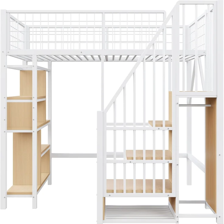 Bett 90x200 cm Hochbett mit Stauraumtreppe – platzsparendes Weißes Metall-Holz-Design – Bild 10