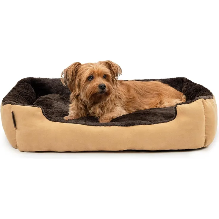 lionto Hundebett mit Wendekissen und Rutschfester Unterseite, Robustes Heimtierkissen mit tiefem Einstieg für Hunde und Katzen jeden Alters, 75x60 cm, kuscheliges Hundekissen, beige/braun