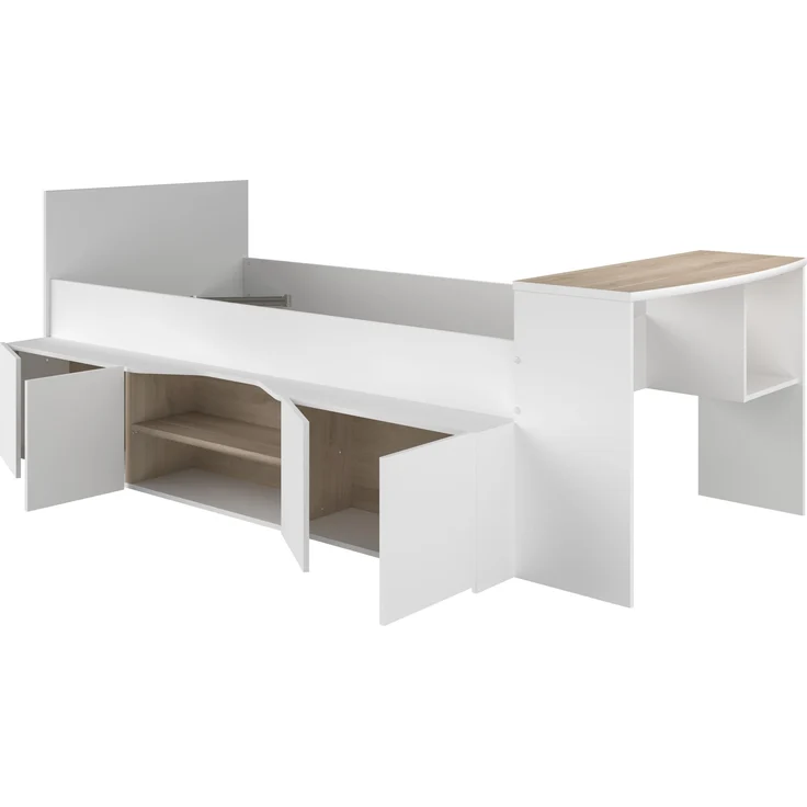 Hochbett >Cleo 1< Stauraum, Liegefl. 90x200, Weiss / Eiche Dekor - 241x116x90cm (LxBxH) – Bild 2