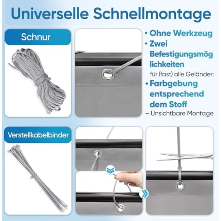 Sekey Balkon Sichtschutz Balkonabdeckung Balkonverkleidung blickdichte Wind- und UV-Schutz, 100% Privatsphäre, mit Ösen, Nylon Kabelbinder und Kordel, Hellgrau 0. 9×3m – Bild 5